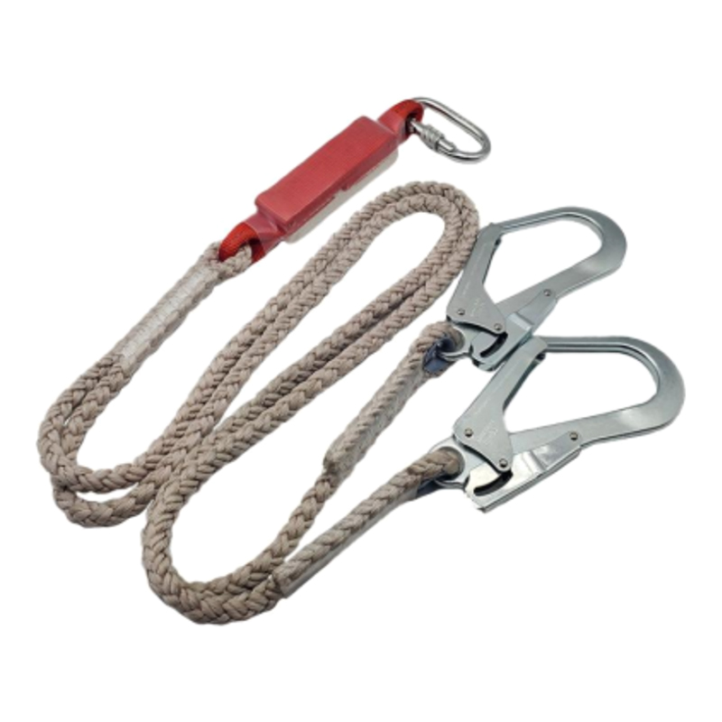 KA-L02 Absturzsicherungs-Stoßdämpfer-Doppel-Lanyard mit Polyamidseil, 2 Scafford-Haken, 1 Karabiner.