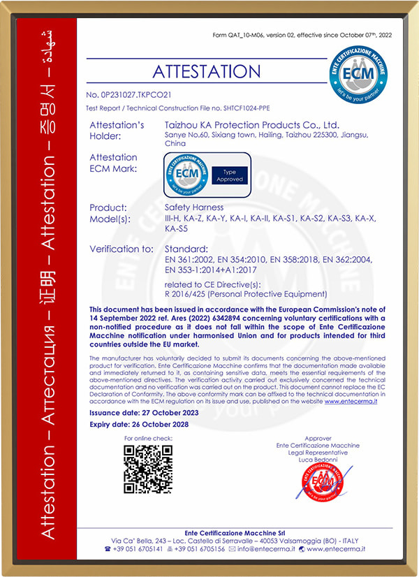 Zertifikat für Sicherheitsgurt